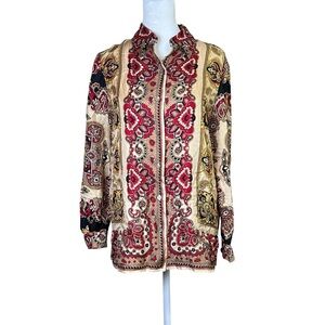 DANA BUCHMAN Paisley 100% Silk Button-up Top Red Gold Festive VTG Sz 6 Petite